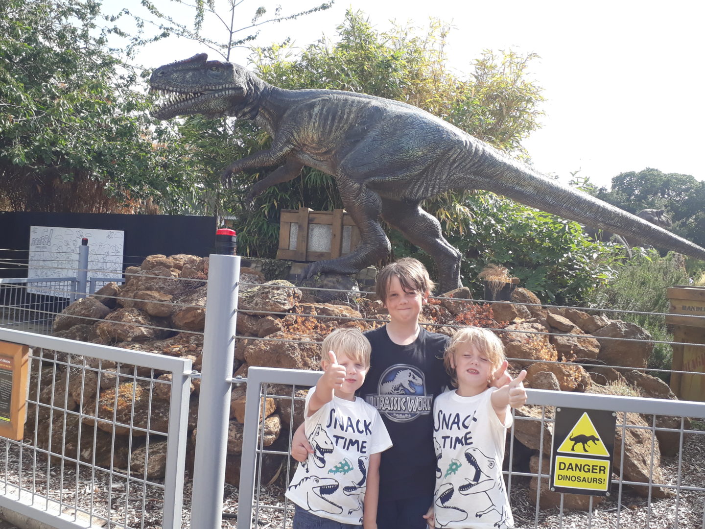 Roarr! Dinosaur Adventure Three very happy boys giving a thumbs up for their amazing day